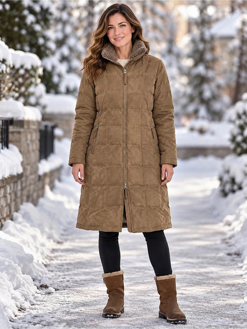 L.L.Bean Faux Suede Goose Down Sherpa Collar Coat Medium
